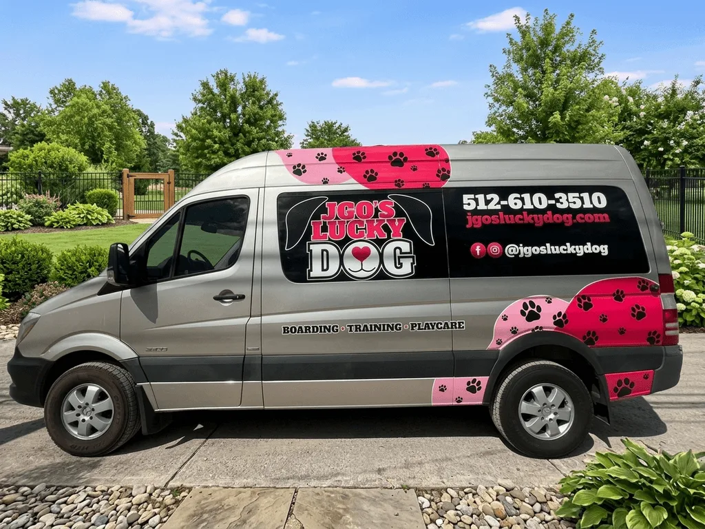 Spot graphics on a Mercedes-Benz Sprinter van in Austin, TX