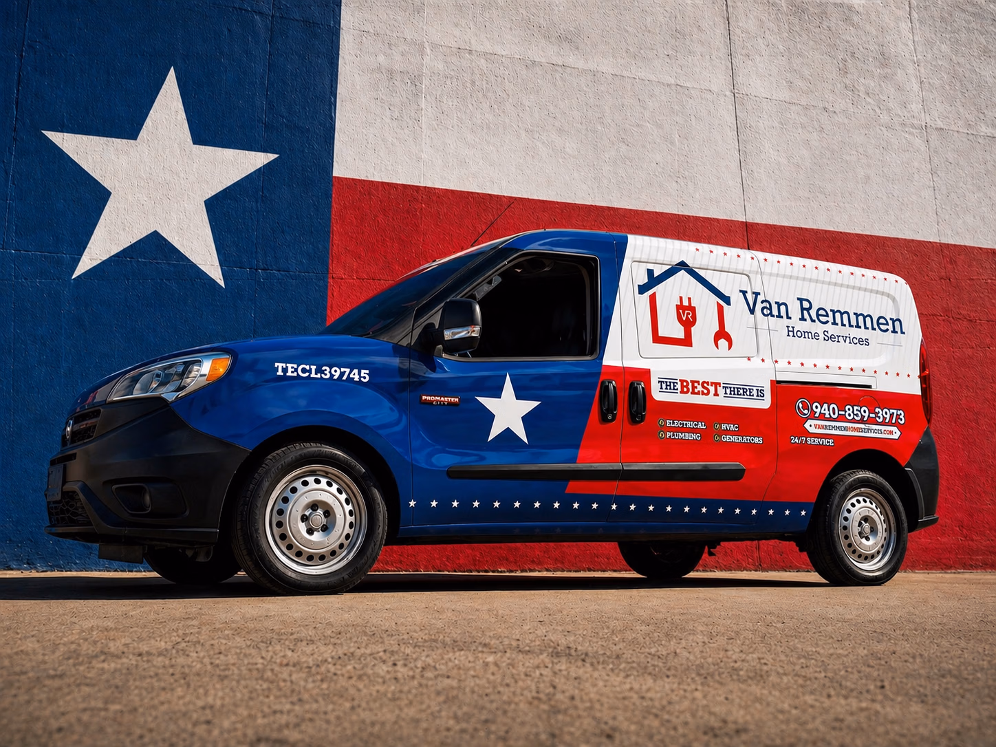 Van Remmen Home Services vehicle wrap in Bluff Dale, TX