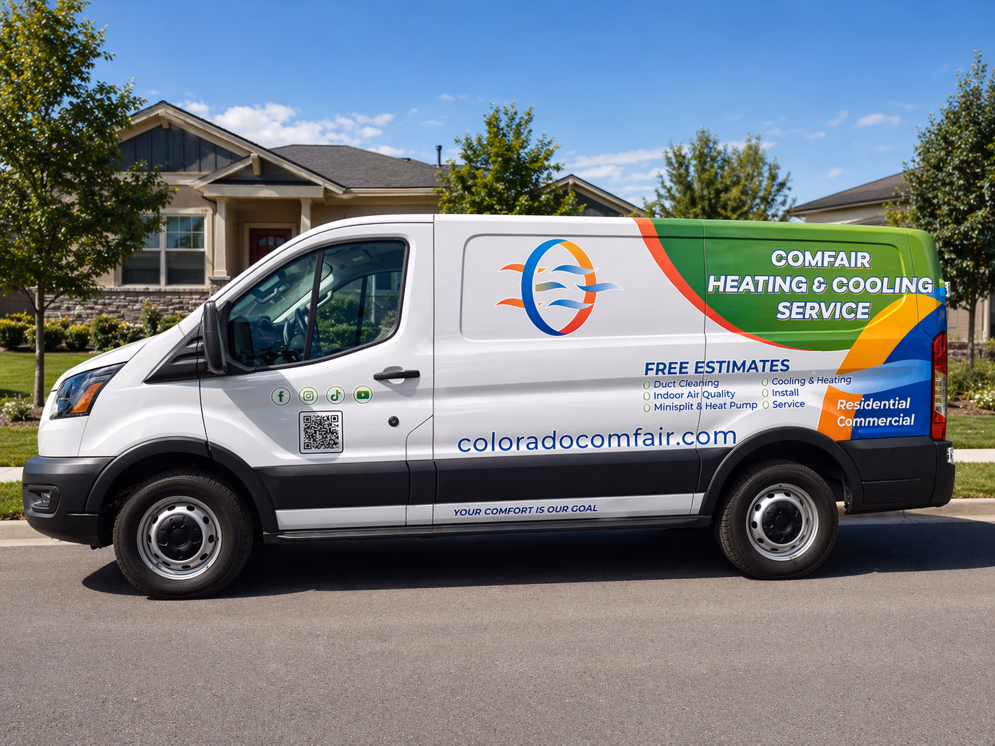 Comfair Heating & Cooling Service vehicle wrap in Littleton, CO