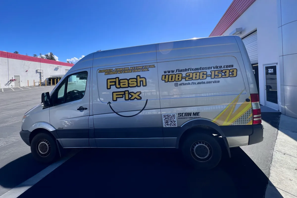 Spot graphics on a Mercedes-Benz Sprinter van in San Jose, CA
