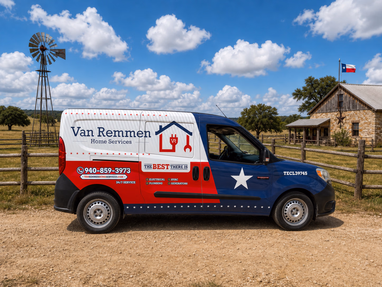 Van Remmen Home Services vehicle wrap in Bluff Dale, TX