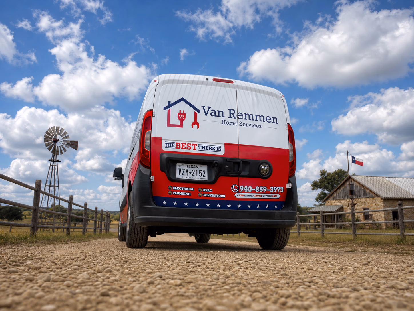 Van Remmen Home Services vehicle wrap in Bluff Dale, TX