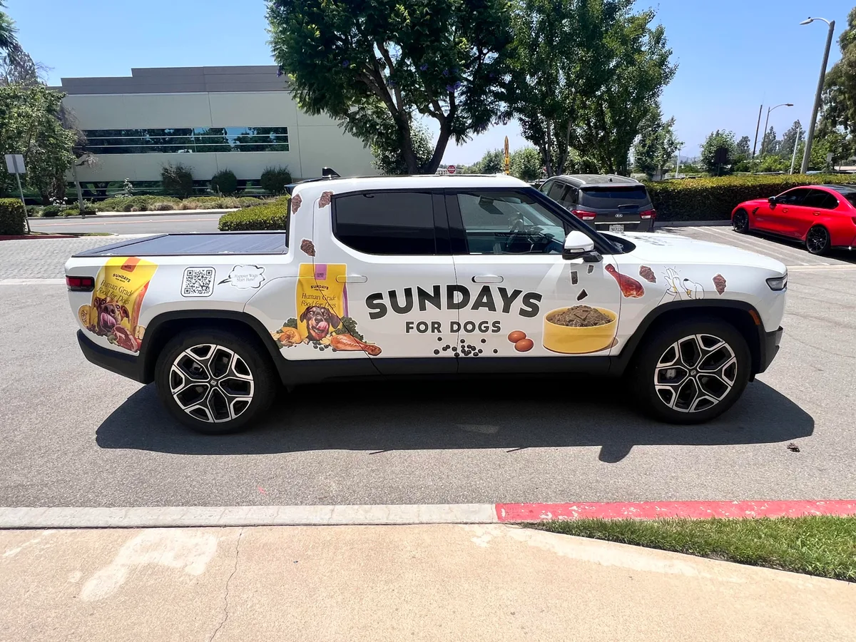 Spot graphics on a Rivian R1T truck in Burbank, CA